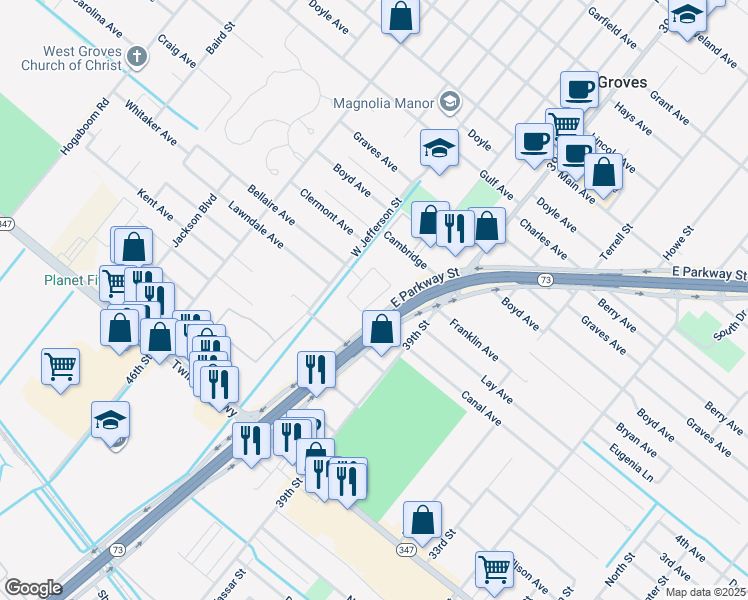 map of restaurants, bars, coffee shops, grocery stores, and more near 3140 West Groves Circle in Groves