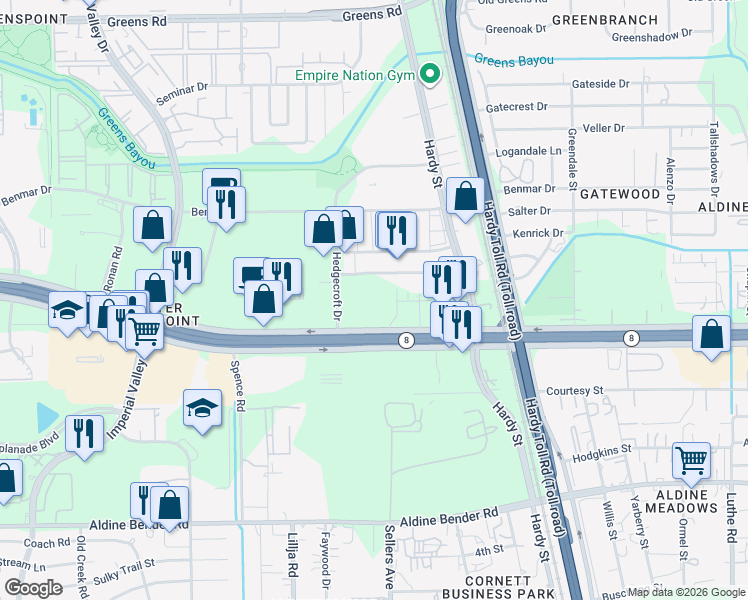 map of restaurants, bars, coffee shops, grocery stores, and more near 16500 Hedgecroft Dr in Houston