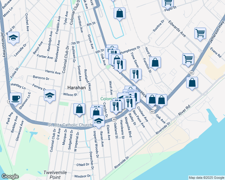 map of restaurants, bars, coffee shops, grocery stores, and more near 375 West Avenue in Harahan