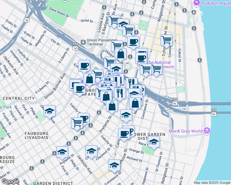 map of restaurants, bars, coffee shops, grocery stores, and more near 1510 Erato Street in New Orleans