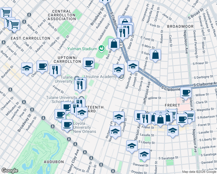 map of restaurants, bars, coffee shops, grocery stores, and more near 6122 Willow Street in New Orleans