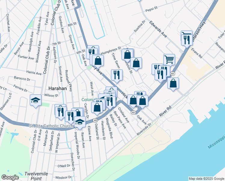 map of restaurants, bars, coffee shops, grocery stores, and more near 243 Oak Avenue in Harahan