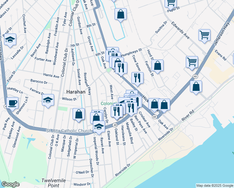 map of restaurants, bars, coffee shops, grocery stores, and more near 375 West Avenue in Harahan
