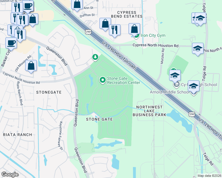 map of restaurants, bars, coffee shops, grocery stores, and more near 11530 Alpena Lane in Houston