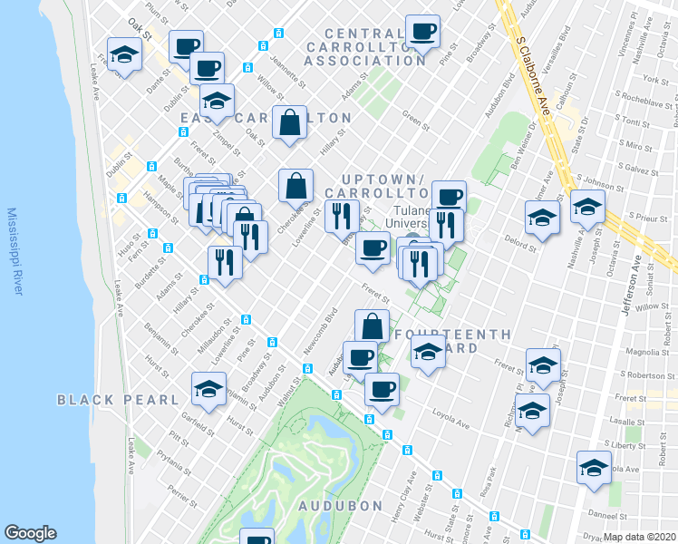 map of restaurants, bars, coffee shops, grocery stores, and more near 7114 Freret Street in New Orleans