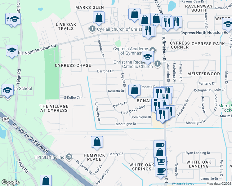 map of restaurants, bars, coffee shops, grocery stores, and more near 14118 Eventide Drive in Cypress