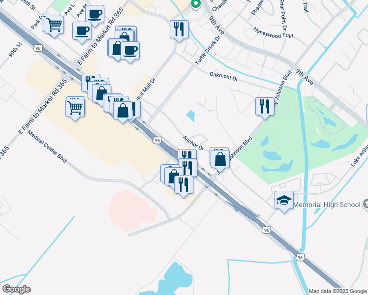 map of restaurants, bars, coffee shops, grocery stores, and more near 7700 Memorial Boulevard in Port Arthur