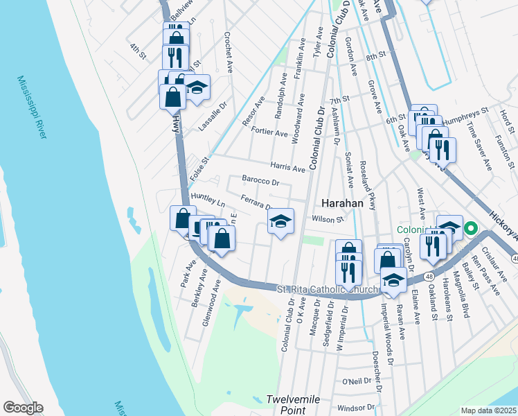 map of restaurants, bars, coffee shops, grocery stores, and more near 8020 Ferrara Drive in Harahan