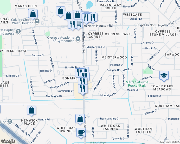 map of restaurants, bars, coffee shops, grocery stores, and more near 13718 Bonaventure Drive in Houston