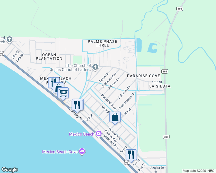 map of restaurants, bars, coffee shops, grocery stores, and more near 411 7th Street in Mexico Beach