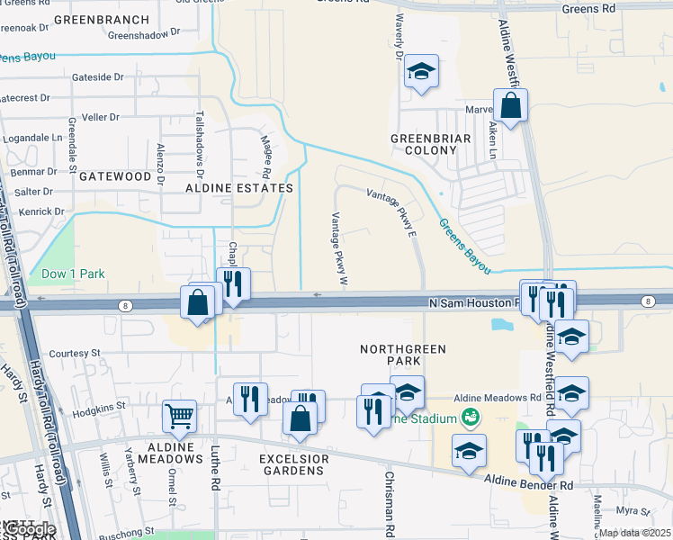 map of restaurants, bars, coffee shops, grocery stores, and more near 15311 Vantage Parkway West in Houston