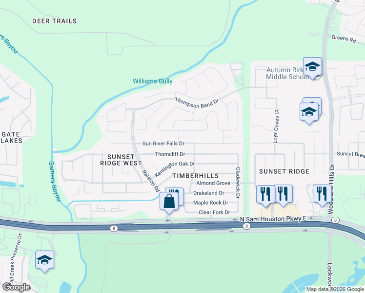 map of restaurants, bars, coffee shops, grocery stores, and more near 10815 Thorncliff Drive in Humble