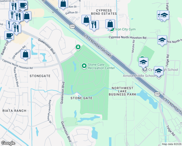 map of restaurants, bars, coffee shops, grocery stores, and more near 11530 Alpena Lane in Houston