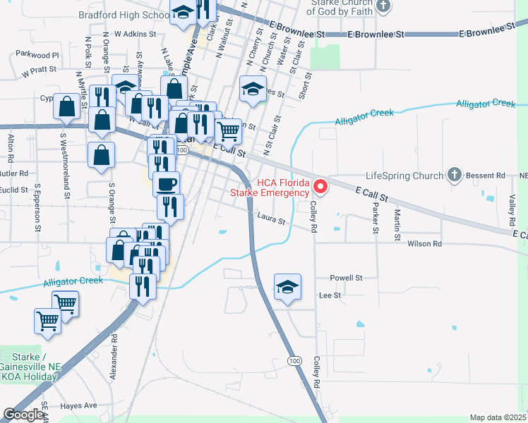 map of restaurants, bars, coffee shops, grocery stores, and more near 719 Laura Street in Starke
