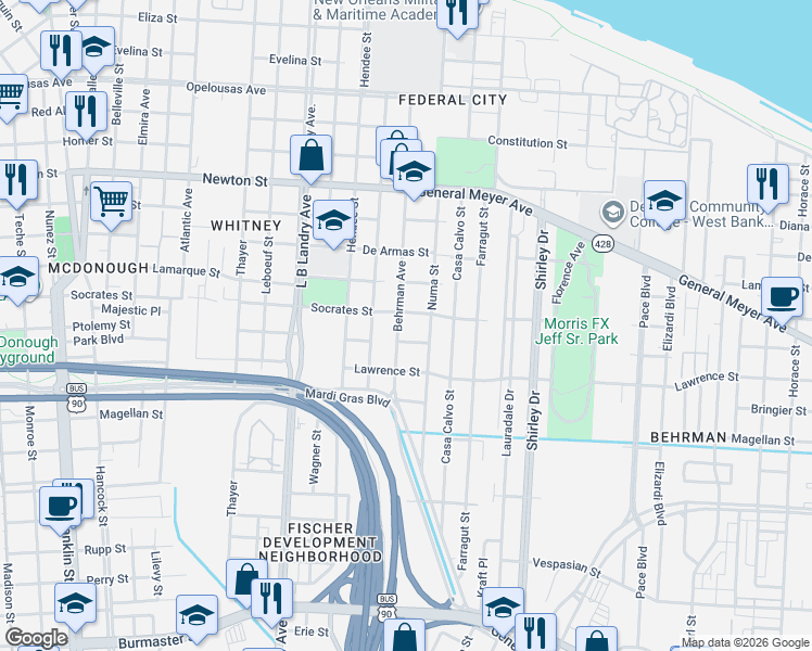 map of restaurants, bars, coffee shops, grocery stores, and more near 1415 Behrman Avenue in New Orleans