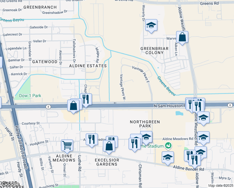map of restaurants, bars, coffee shops, grocery stores, and more near 15311 Vantage Parkway West in Houston