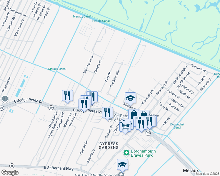 map of restaurants, bars, coffee shops, grocery stores, and more near 2911 Rue Marcelle in Meraux