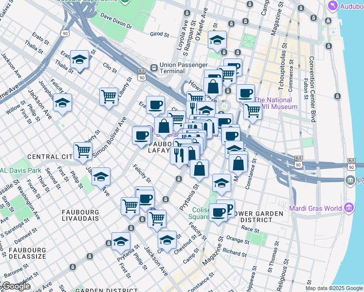 map of restaurants, bars, coffee shops, grocery stores, and more near in New Orleans