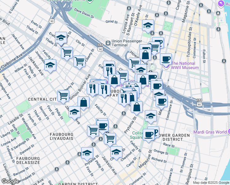map of restaurants, bars, coffee shops, grocery stores, and more near in New Orleans