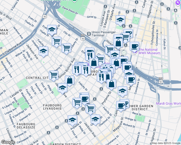 map of restaurants, bars, coffee shops, grocery stores, and more near in New Orleans