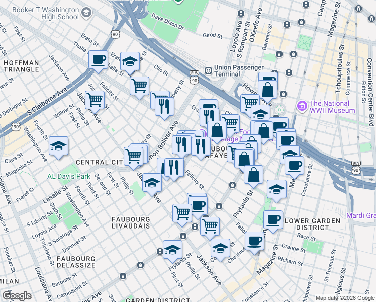 map of restaurants, bars, coffee shops, grocery stores, and more near 1702 South Rampart Street in New Orleans