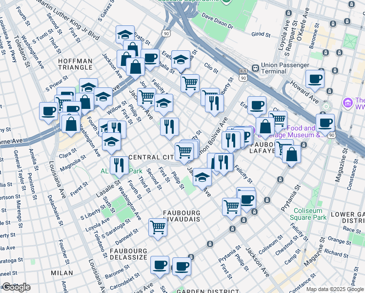 map of restaurants, bars, coffee shops, grocery stores, and more near 2137 Jackson Avenue in New Orleans
