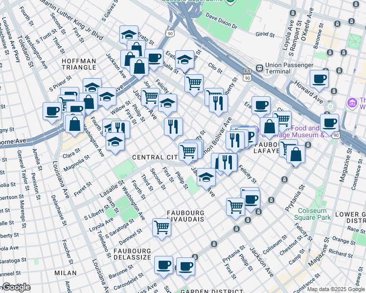map of restaurants, bars, coffee shops, grocery stores, and more near 2137 Jackson Avenue in New Orleans