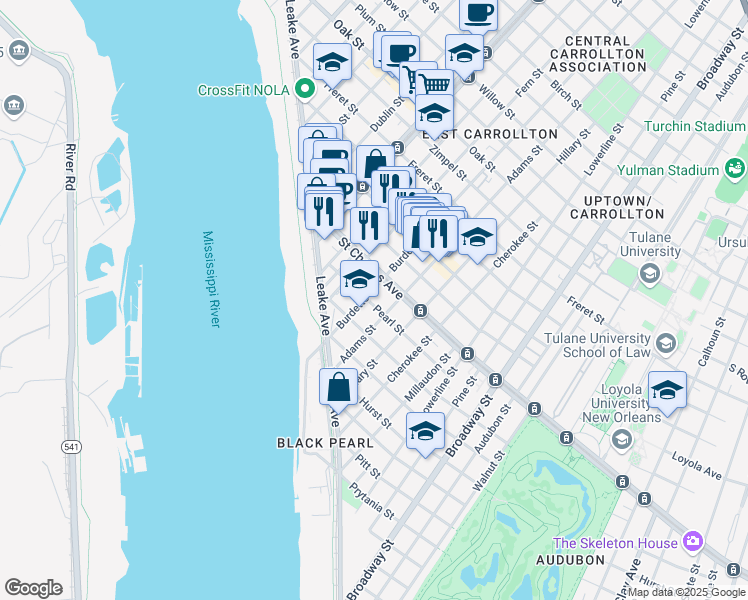 map of restaurants, bars, coffee shops, grocery stores, and more near 7719 Pearl Street in New Orleans