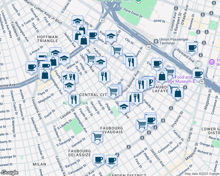 map of restaurants, bars, coffee shops, grocery stores, and more near 2137 Jackson Avenue in New Orleans