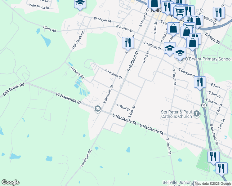 map of restaurants, bars, coffee shops, grocery stores, and more near 1005 South Holland Street in Bellville