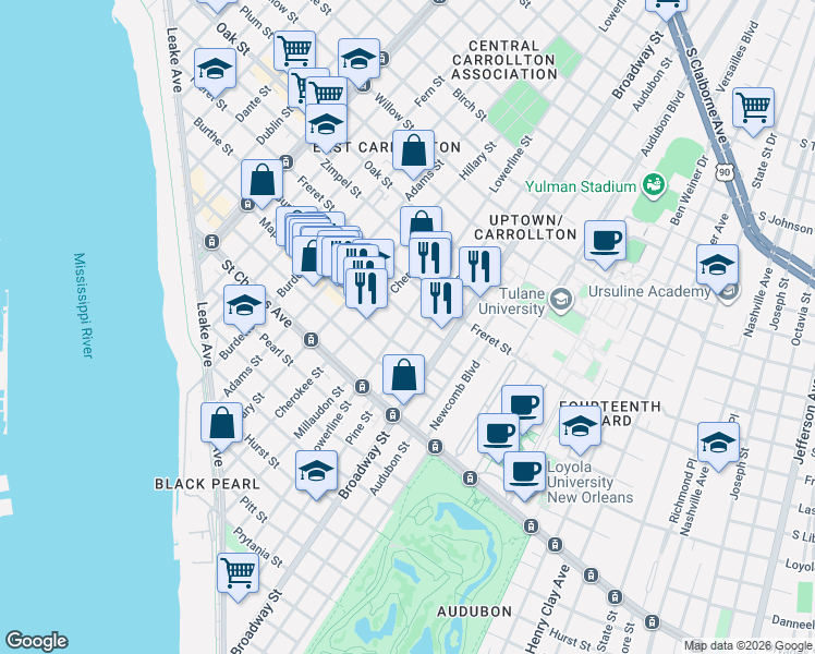 map of restaurants, bars, coffee shops, grocery stores, and more near 820 Pine Street in New Orleans