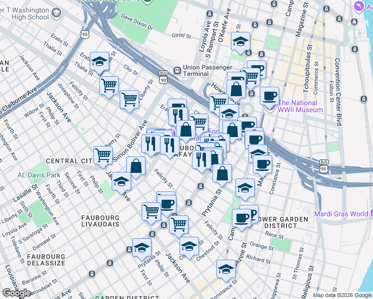 map of restaurants, bars, coffee shops, grocery stores, and more near in New Orleans