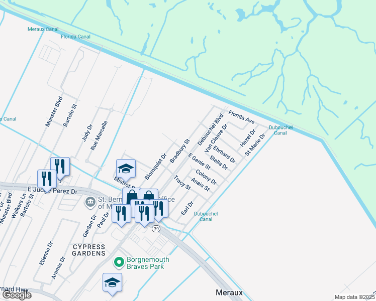 map of restaurants, bars, coffee shops, grocery stores, and more near 4309 East Genie Street in Meraux