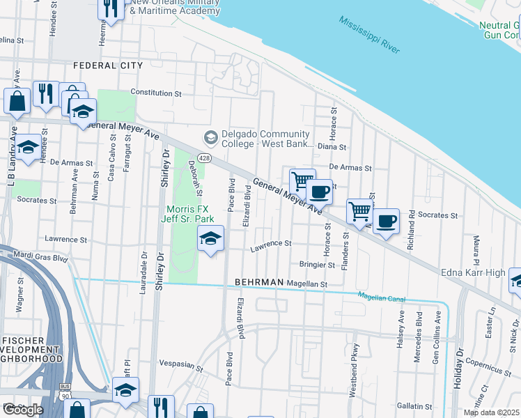 map of restaurants, bars, coffee shops, grocery stores, and more near 1417 Southlawn Boulevard in New Orleans