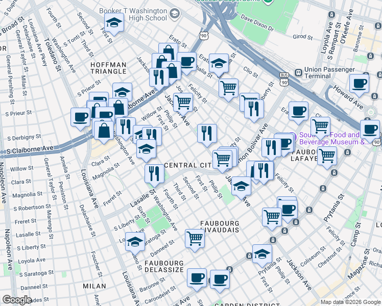 map of restaurants, bars, coffee shops, grocery stores, and more near 2236 Lasalle Street in New Orleans