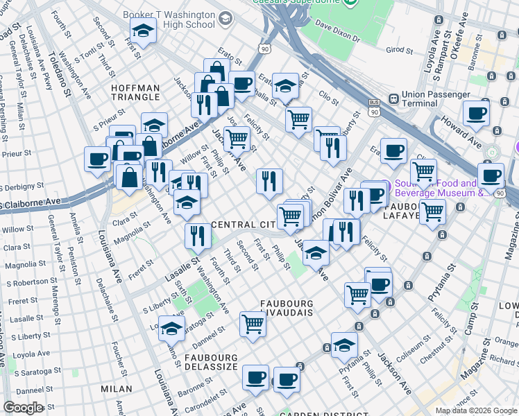 map of restaurants, bars, coffee shops, grocery stores, and more near 2236 Lasalle Street in New Orleans