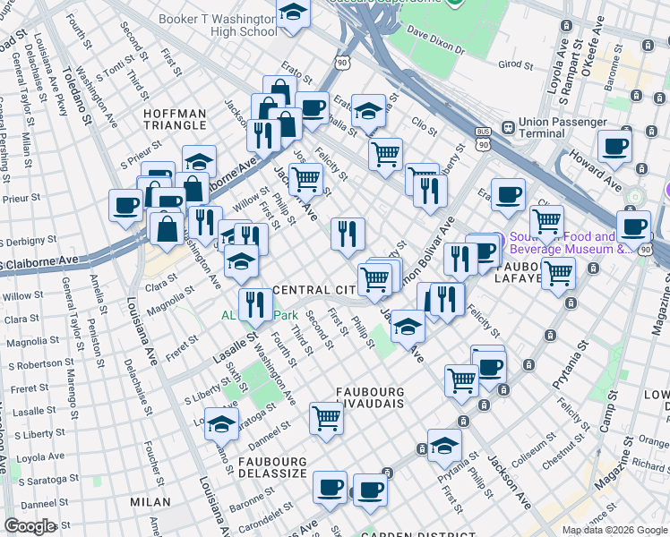 map of restaurants, bars, coffee shops, grocery stores, and more near 2236 Lasalle Street in New Orleans