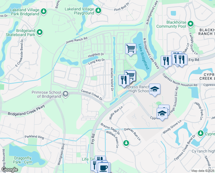 map of restaurants, bars, coffee shops, grocery stores, and more near 16639 Amelia Island Drive in Cypress