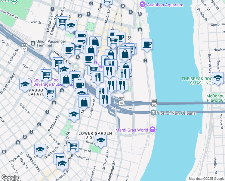 map of restaurants, bars, coffee shops, grocery stores, and more near 1110 Annunciation Street in New Orleans