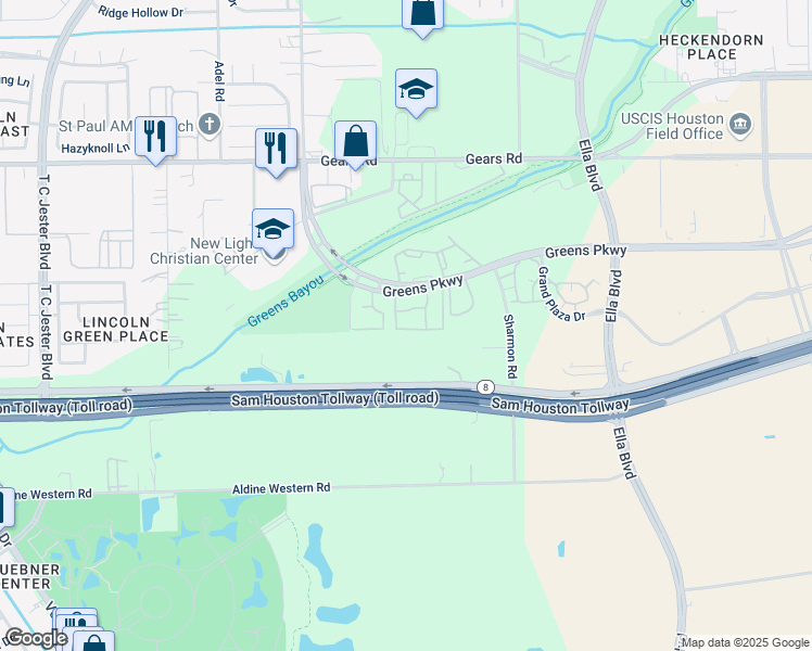 map of restaurants, bars, coffee shops, grocery stores, and more near 1351 Greens Parkway in Houston