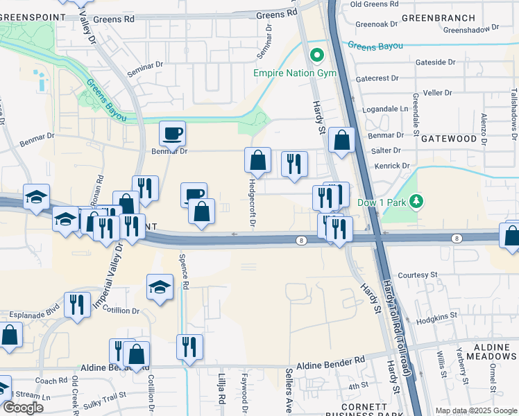 map of restaurants, bars, coffee shops, grocery stores, and more near 16500 Hedgecroft Drive in Houston
