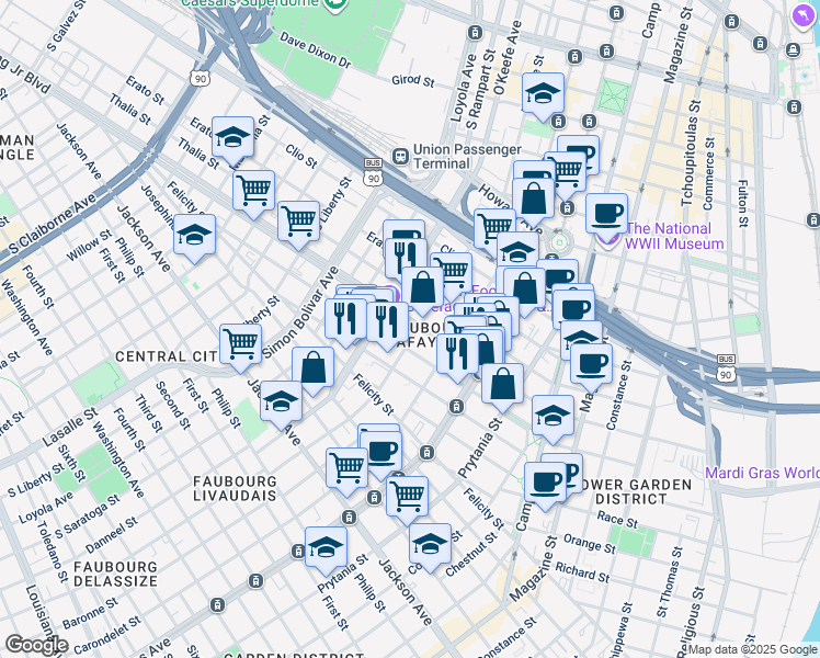 map of restaurants, bars, coffee shops, grocery stores, and more near in New Orleans