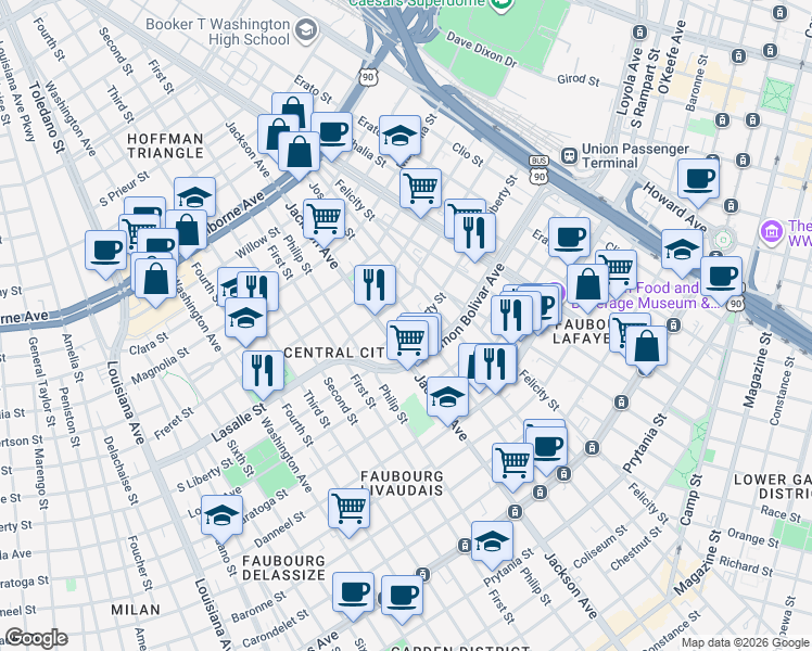 map of restaurants, bars, coffee shops, grocery stores, and more near 2137 Jackson Avenue in New Orleans