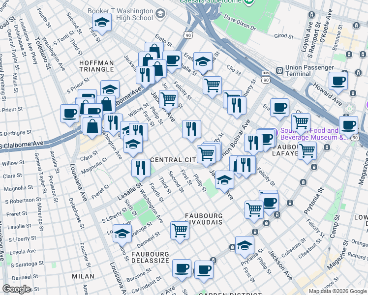 map of restaurants, bars, coffee shops, grocery stores, and more near 2236 Lasalle Street in New Orleans