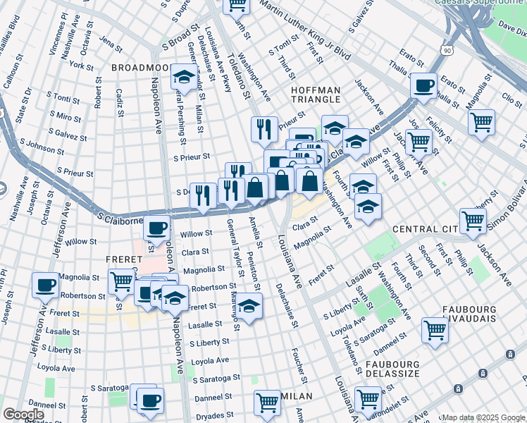 map of restaurants, bars, coffee shops, grocery stores, and more near 2902 Louisiana Avenue in New Orleans
