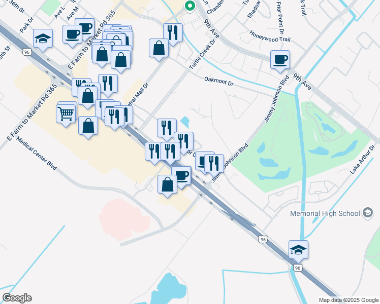 map of restaurants, bars, coffee shops, grocery stores, and more near 7700 Memorial Blvd in Port Arthur