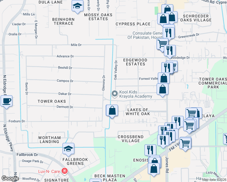 map of restaurants, bars, coffee shops, grocery stores, and more near 11331 Timber Crest Drive in Houston
