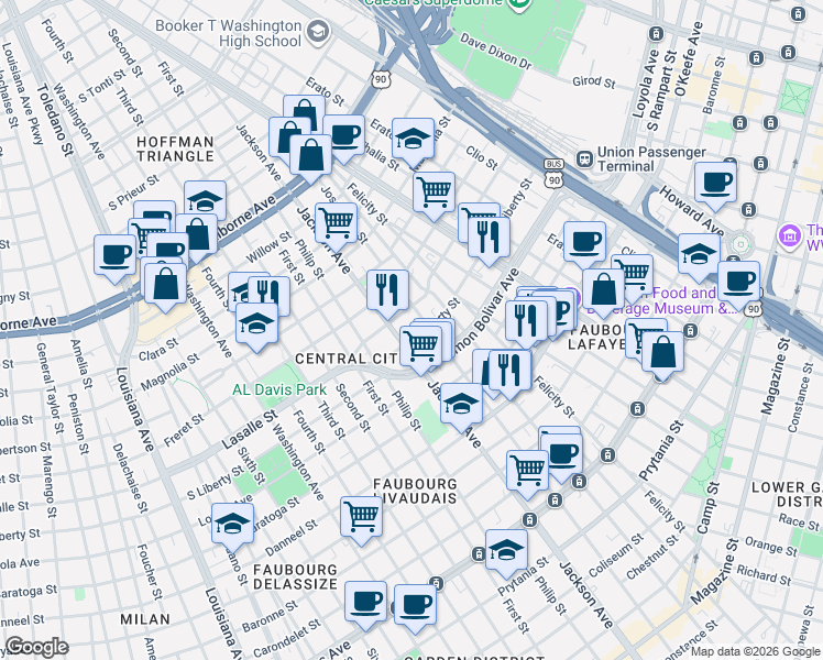 map of restaurants, bars, coffee shops, grocery stores, and more near 2137 Jackson Avenue in New Orleans