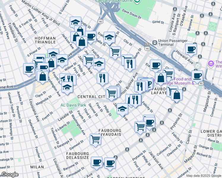 map of restaurants, bars, coffee shops, grocery stores, and more near 2137 Jackson Avenue in New Orleans