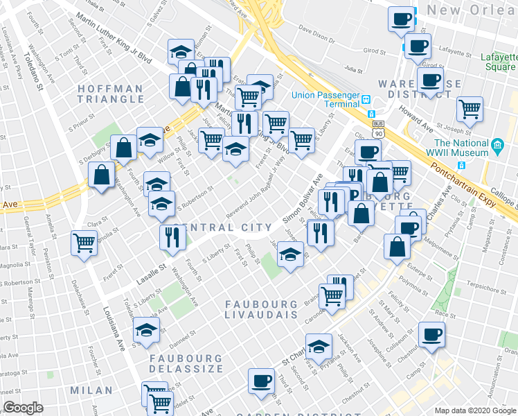 map of restaurants, bars, coffee shops, grocery stores, and more near 2137 Jackson Avenue in New Orleans
